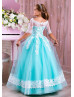 Elbow Sleeves White Lace Turquoise Tulle Unique Flower Girl Dress